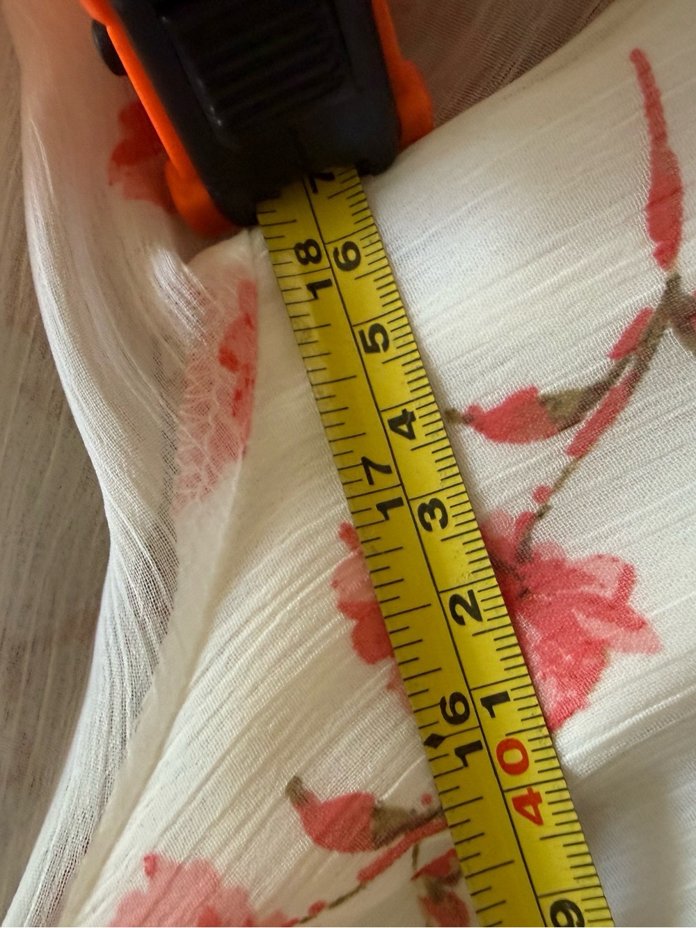CeCe White Blouse with Coral Floral Print and Ruffle Smocked Neckline - Picture 7 of 8